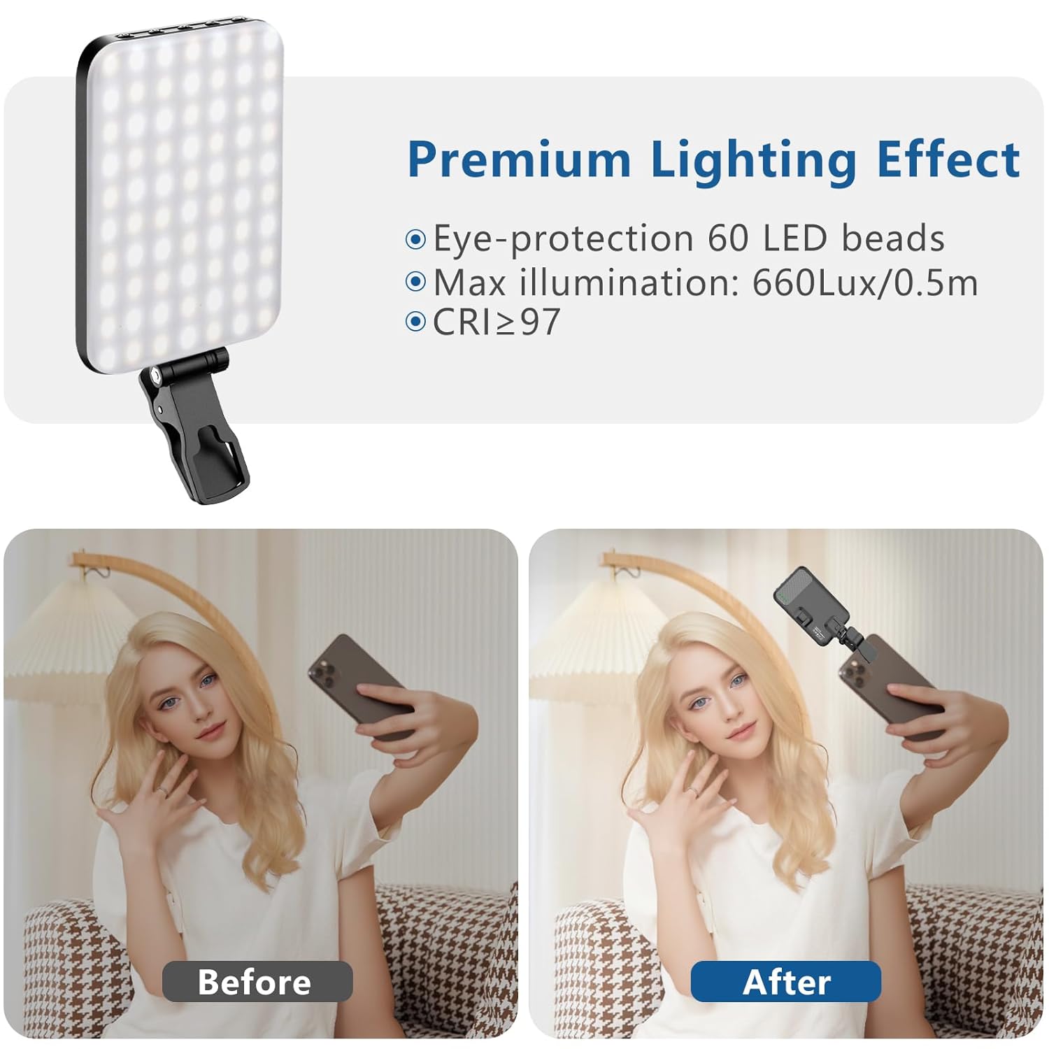 ALTSON 60 LED Portable Selfie Light, Rechargeable 2200mAh, CRI 97+, 3 Light Modes, with Clip and Camera Tripod Adapter, for iPhone, Webcam, Laptop, Photo, Makeup - Image 3