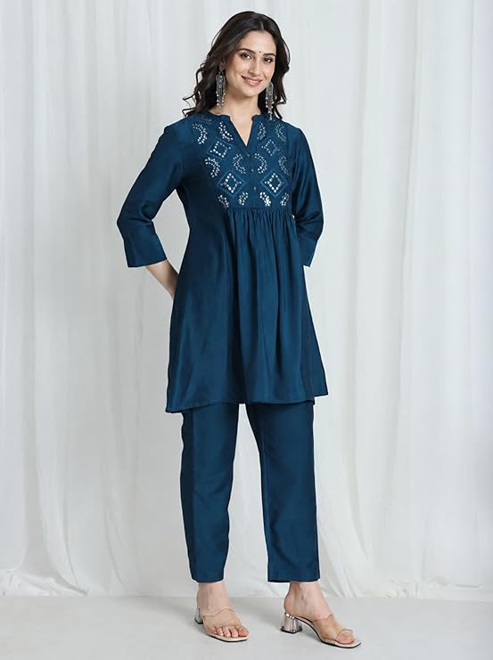 Kaari Women’s Kurti Pant Set with Mirror Work Yoke - V- Neck | Fit & Flare | Elegant Ethnic Wear | Regular Fit | Two Piece Kurta Set for Women | Co-ord Set for Women | Kurti Length - Image 4