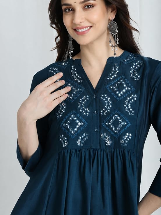 Kaari Women’s Kurti Pant Set with Mirror Work Yoke - V- Neck | Fit & Flare | Elegant Ethnic Wear | Regular Fit | Two Piece Kurta Set for Women | Co-ord Set for Women | Kurti Length - Image 2