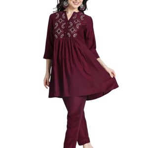 Kaari Women’s Kurti Pant Set with Mirror Work Yoke - V- Neck | Fit & Flare | Elegant Ethnic Wear | Regular Fit | Two Piece Kurta Set for Women | Co-ord Set for Women | Kurti Length
