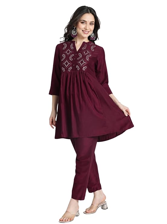 Kaari Women’s Kurti Pant Set with Mirror Work Yoke - V- Neck | Fit & Flare | Elegant Ethnic Wear | Regular Fit | Two Piece Kurta Set for Women | Co-ord Set for Women | Kurti Length